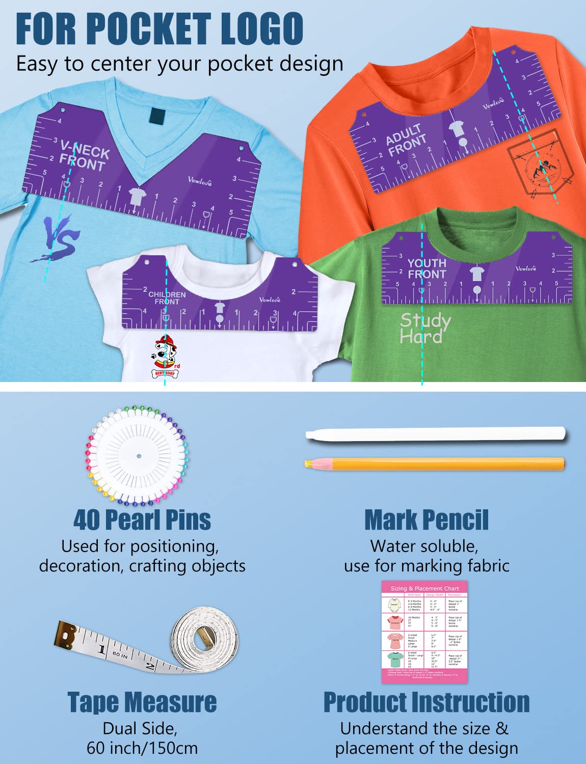 Vowlove Tshirt Ruler Guide Set for Cricut, Shirt Measure Ruler Centering Tool, Accessories for Sublimation Printers Blanks Product Bulk Embroidery Dtf Heat Press Transfers Ready to Press Film Tape