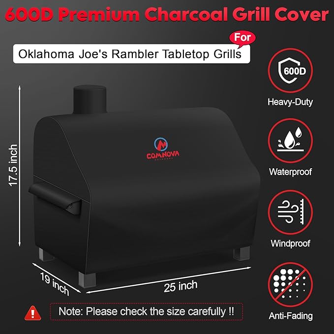 Grill Cover for Oklahoma Joe's Rambler Tabletop Charcoal Grill - 600D Premium BBQ Cover Waterproof & Heavy Duty for Oklahoma Joe's Ramble Portable Grill, 25" L x 19" W x 17.5" H
