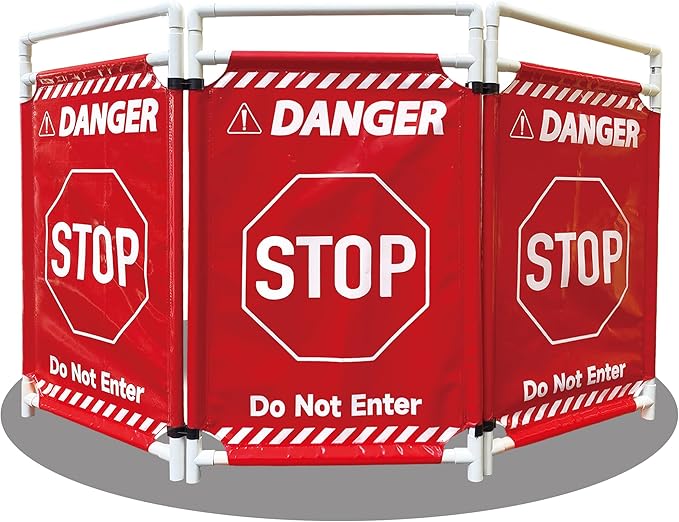 Safety Caution Barricade 3Panels Foldable Security Signs With PVC Tarp Removable Safety Barrier Wet Floor Guard Symbol Clear Printing Safety Fence(Red3)