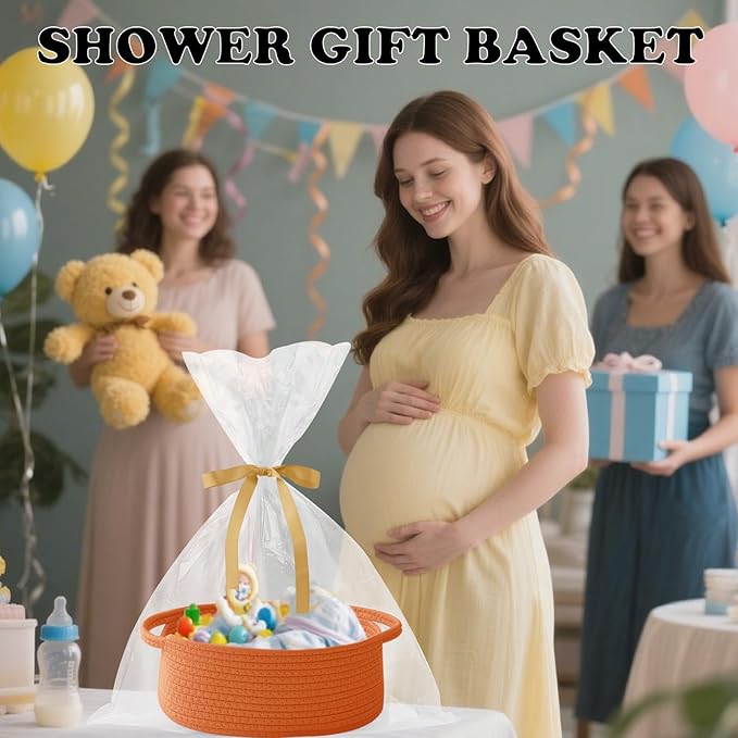 Gift Basket with Gift Bag and Ribbons,Small Rope Woven Shelf Storage,Baskets for Gifts Empty,Birthday,Baby Shower,Decorative Organizer Box with Handles(Orange)