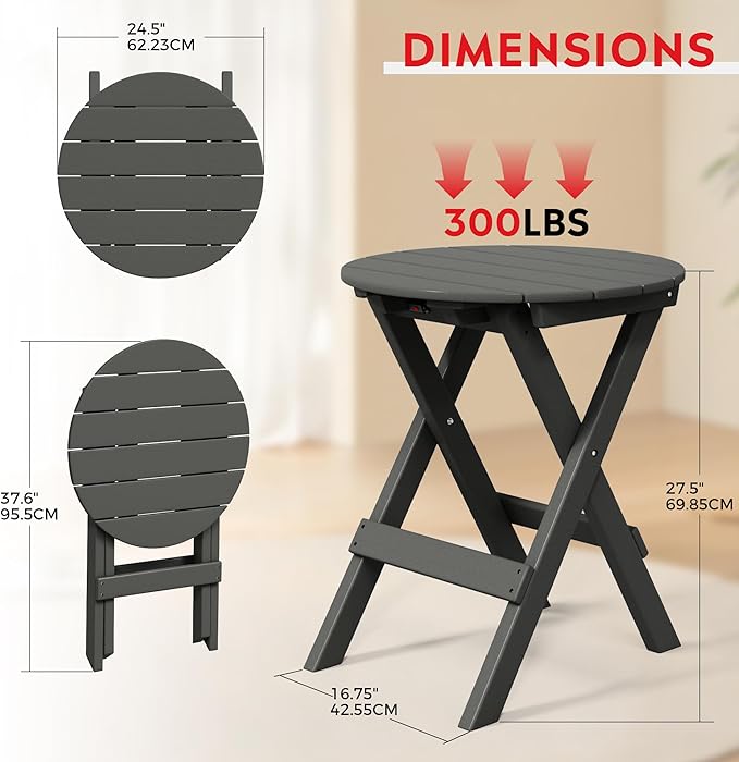 Costaelm Paradise HDPE Outdoor 24.5 Inch Round Portable Folding Patio Dining Table, Gray