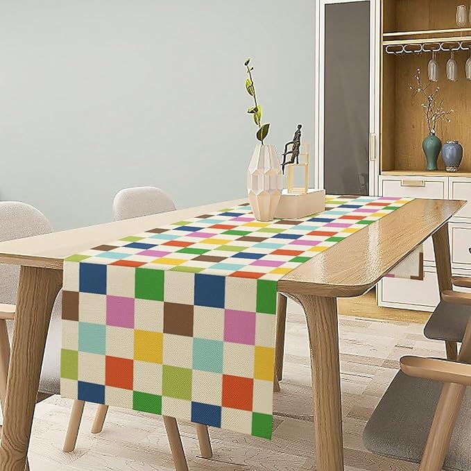 Colorful Checkered Table Runner, Vintage 60s 70s Cute Modern Geometric Table Runner for Party Kitchen Dining Home Outdoor Banquet 13x90in