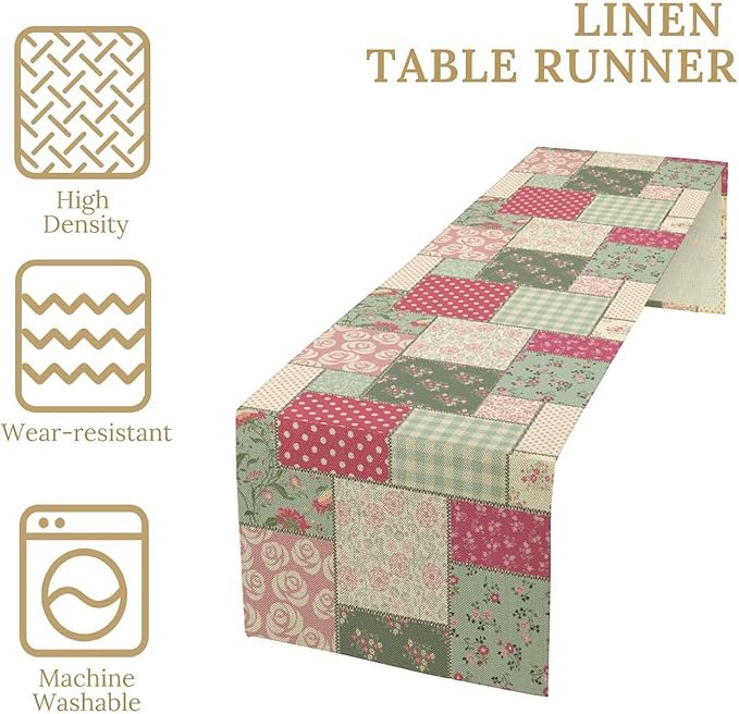 Patchwork Flowers Table Runner, Boho Plaid Floral Retro Romantic Rose Plants Table Runner for Dining Coffee Party Holiday Farmhouse 13x120in