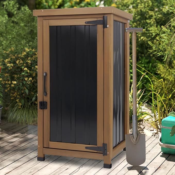 Small Outdoor Storage Cabinet Waterproof with Metal Top, Wood & Metal Outside Potting Bench Table Tool Organizer with Adjustable Shelf for Patio Backyard Garden