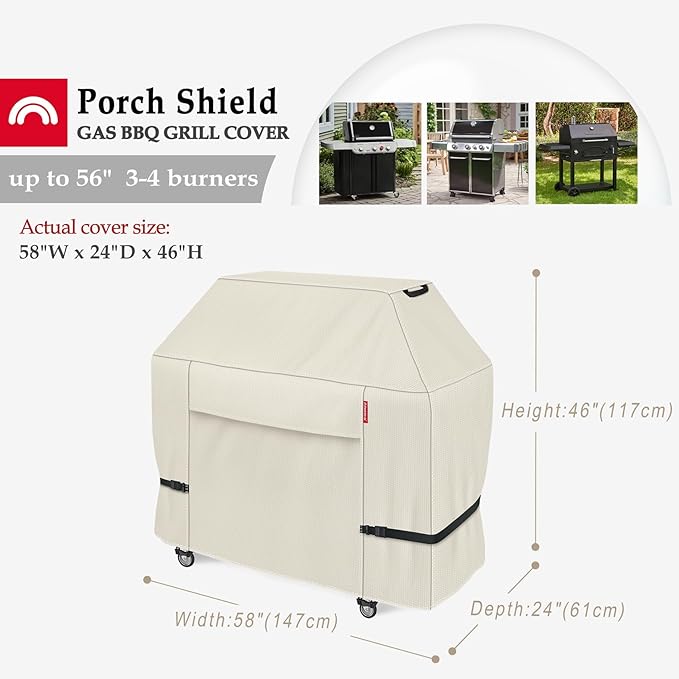 Porch Shield 58W x 24D x 46H inch Premium Gas Grill Cover Up to 56 inch, Waterproof and Fade Resistant 600D BBQ Covers for Weber, Brinkmann, Char-Broil and More, Light Tan