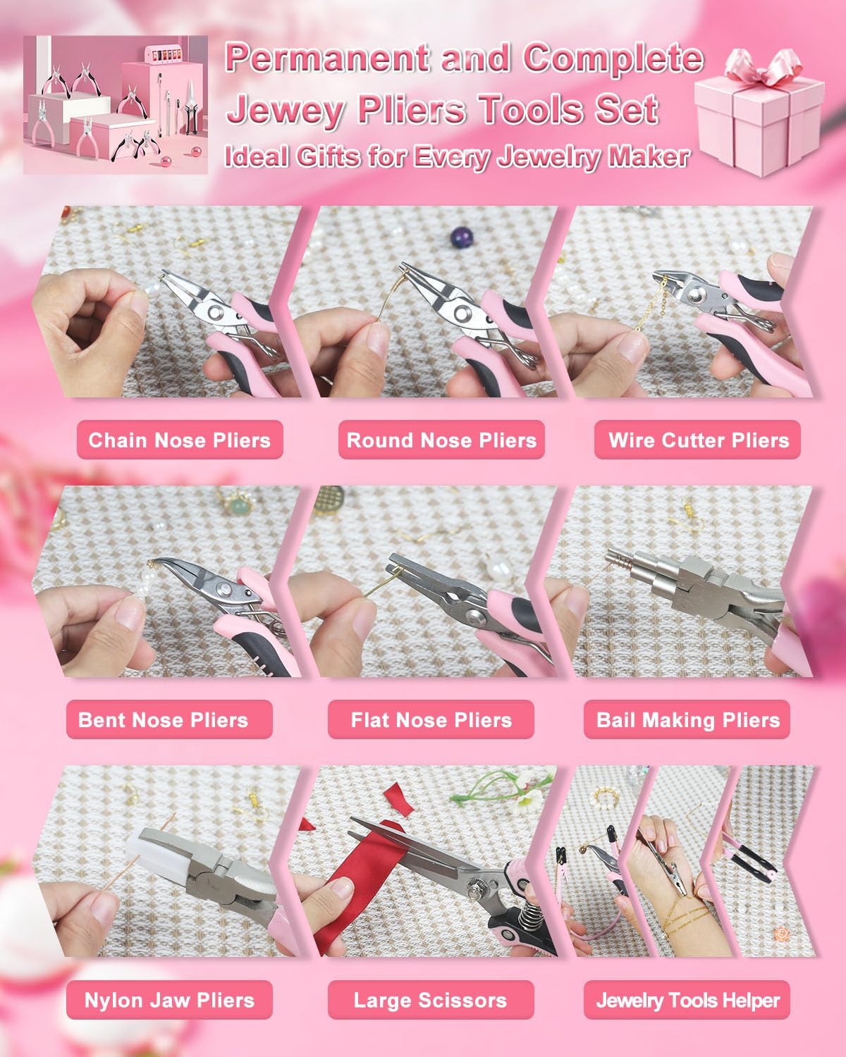 Toolour Jewelry Pliers Set Jeweler Making Tools with 6 Rolls Beading Wire Kit for Jewelry Supplies DIY Hobby Repair Crimping Wrapping,Pink Professional Craft Pliers for Adults Beginner