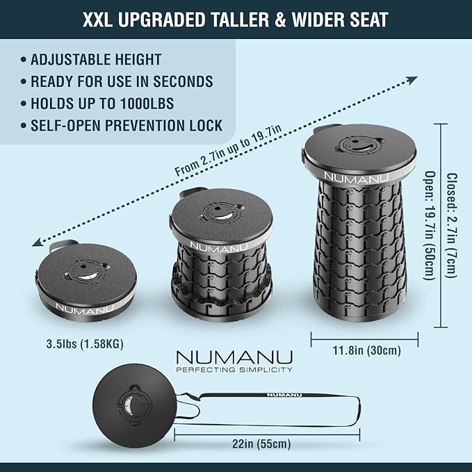 NUMANU 2025 Upgraded XXL Collapsible Stool 19.7", 1000lbs Max Weight, Wider & Taller Pop Up Seat, Heavy Duty Portable Retractable Folding Chair or Travel Foot Rest, Gift for Camping & Outdoors