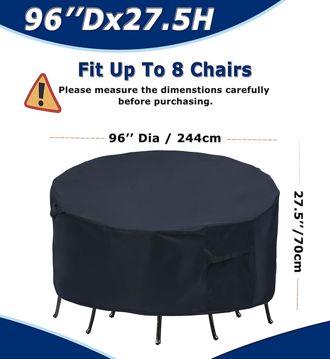 Round Patio Furniture Covers - 96" Dia Waterproof Table & Fire Pit Cover - Anti-Fading for Outdoor Dining Set