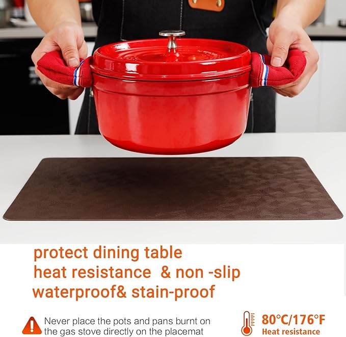 Vinyl Placemats Set of 8 Heat Resistant Easy Clean Non-Slip Place Mats for Dining Table. Faux Leather Waterproof Stain Resistant Wipeable Washable PU Table Mats(8, Brown)
