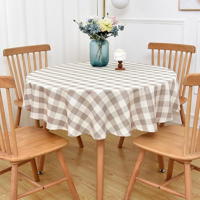 Gingham Table Cloth for Round Tables Beige Checkered Plaid Tablecloth Heavy Duty Cotton Blend Washable & Wrinkle Table Cover for Outdoor Kitchen Dining Picnic Camping (60 inch Diameter)
