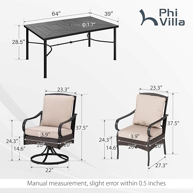 PHI VILLA 7-Piece Outdoor Dining Set, Heavy Duty Patio Table and Chairs Set with Umbrella Hole for 6, 64" Rectangular Patio Metal Table & Iron Wicker Dining Chairs with Cushions, 2 Swivel