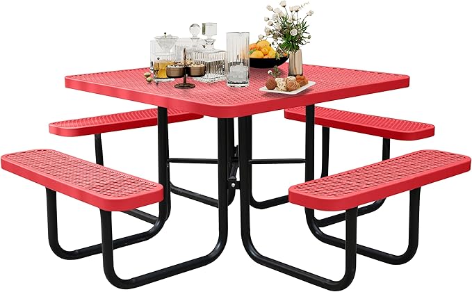 46'' Square Metal Picnic Table for Outdoors, Commercial Steel Metal Picnic Tables, Heavy Duty Sturdy Picnic Tables Furniture Set for Patio Garden Courtyard BBQ, with Umbrella Hole, Red