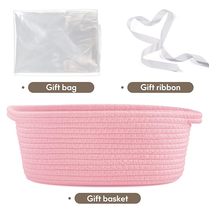 Pro Goleem Small Woven Basket with Gift Bags and Ribbons Durable Baskets for Gifts Empty Small Rope Basket for Storage 12"X 8" X 5" Baby Toy Basket with Handles, Pink