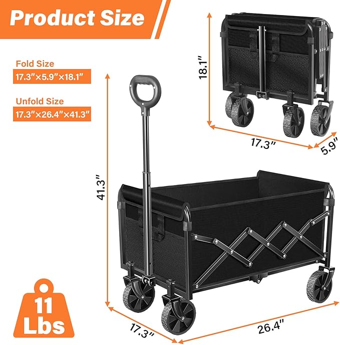 Wagons Carts Foldable, Collapsible Wagon with Wheels — Durable Folding Utility Pull Wagon Cart for Groceries, Picnic & Pets, Park Trips & Small Hauls, 360 lbs Heavy Duty Capacity,Graphite Black