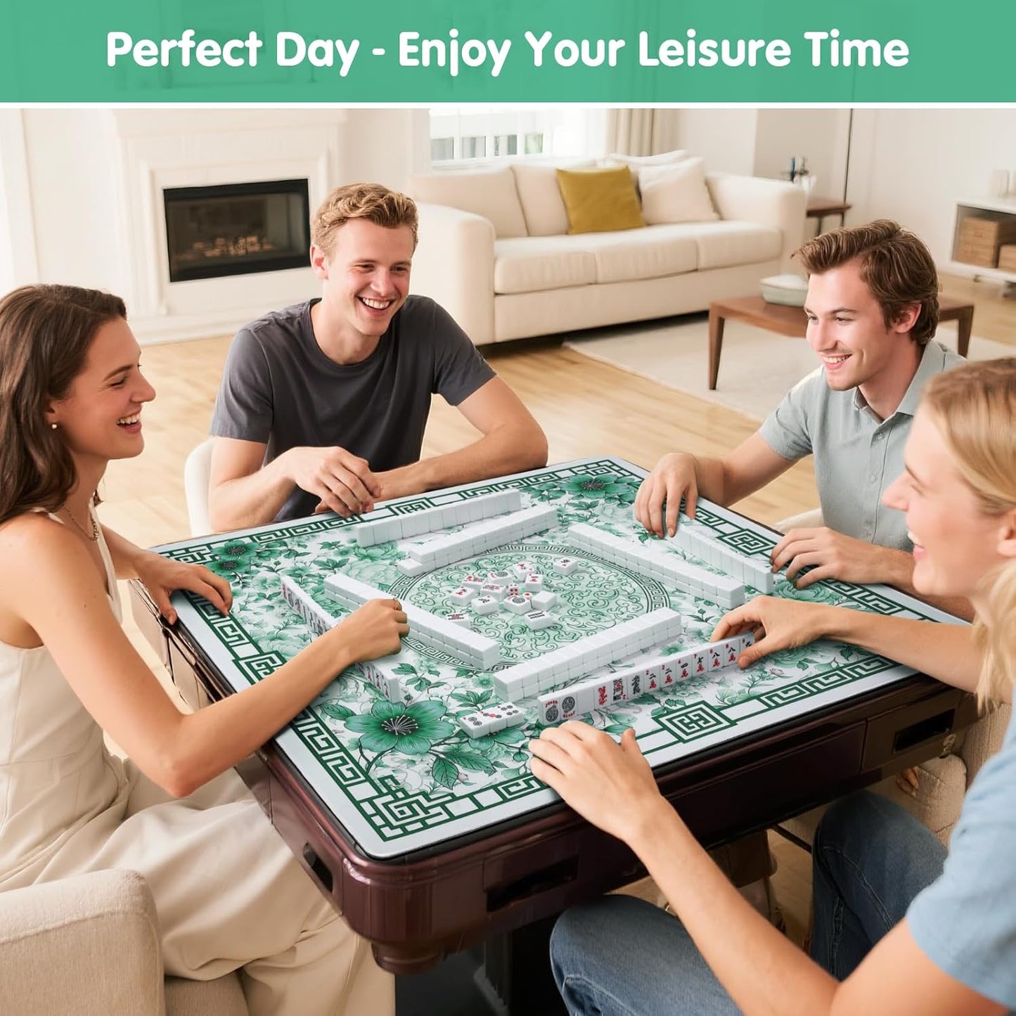 Mahjong Mat for Table 33x33 Inch, No-Crease,Anti-Slip,Noise-Reducing American Mahjong Mat, Mahjong Table Mat with Carry Bag, Neoprene Mahjong Mat for Poker, Card, Board (Green)