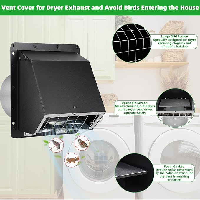 5" Dryer Vent Cover,Outside Dryer Vent Cover for Exterior Wall Vent Hood,Exhaust Vent Cover for Dryer Vents Kitchen Range Hood Vent AC Vent Duct House Air Exhaust,Dryer Vent Kit Through Wall,Black