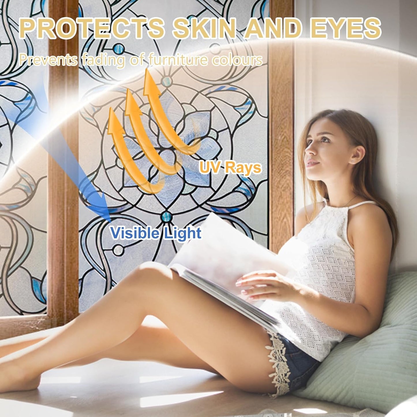 3D Stained Glass Window Privacy Film, Heat Control UV Blocking Static Cling Decorative Window Film for Bathroom,Front Door,Home Non Adhesive,16.9 x 39.3 inches Azure Bloom