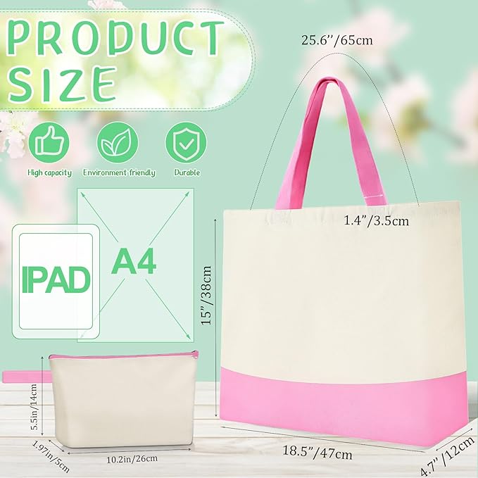 Sanwuta 24 Pcs Canvas Tote Bags Bulk with Zipper Cosmetic Bags 18.5" Cotton Canvas Bag with Handles Reusable Shopping Bags