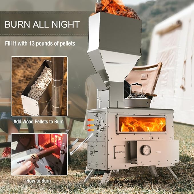 Wood Burning Stove with Oven - Portable Pellet Stove with Chimney Pipes, 304 Stainless Steel Outdoor Hot Tent Camping Stove for Winter, Hunting, Cooking, Hiking,Compatible with Wood/Pellets