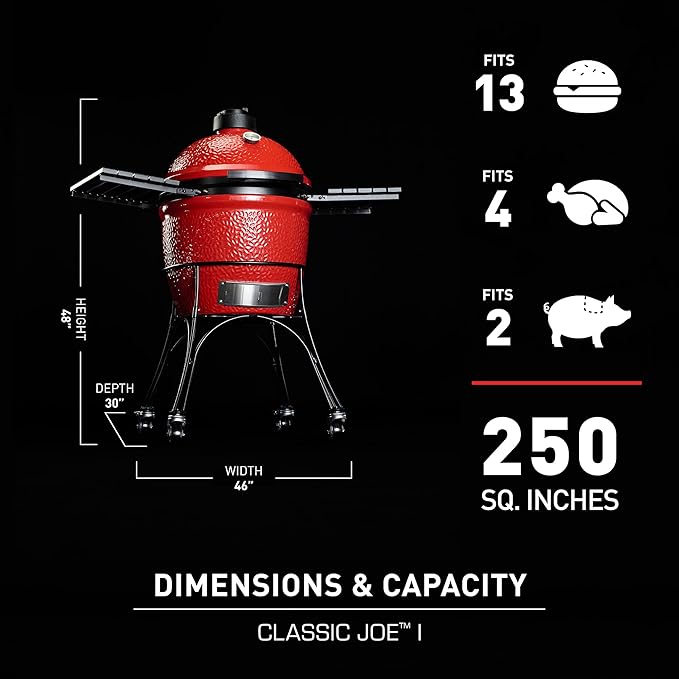 Kamado Joe® Classic Joe™ I Premium 18-inch Ceramic Charcoal Grill and Smoker in Red with Cart, Side Shelves, Grill Gripper, and Ash Tool. 250 Cooking Square Inches, 2 Tier Cooking System, Model KJ23RH