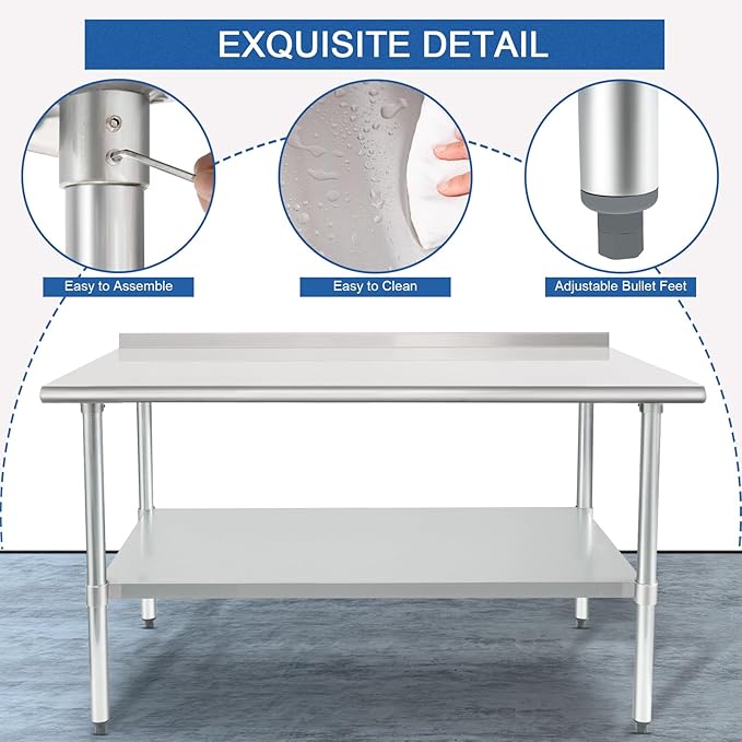 HARDURA Stainless Steel Prep & Work Table 30 x 60 Inches NSF Heavy Duty Commercial with Undershelf and Backsplash, Galvanized Legs for Commercial Food Prep