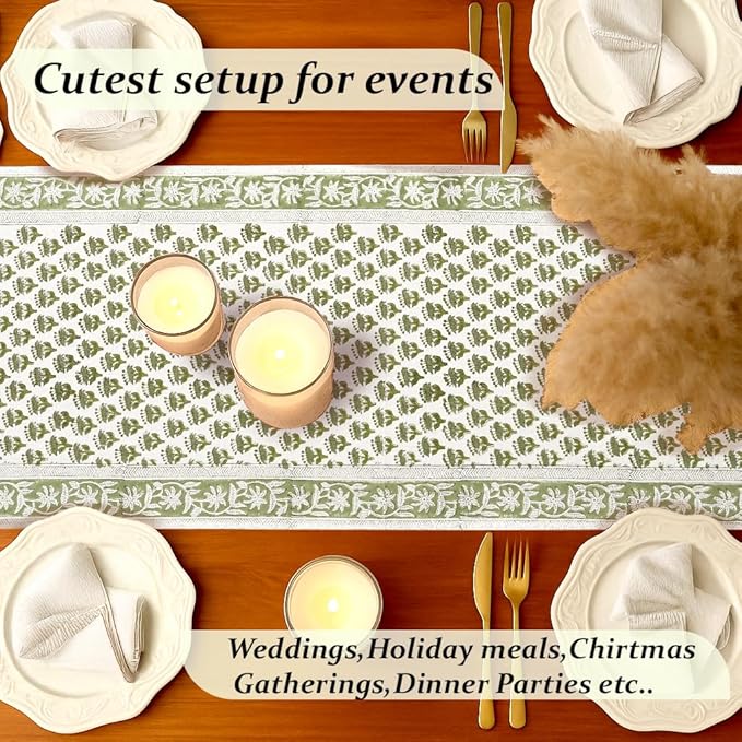 CPC Cotton Table Runner 16x90 Inch Block Printed Long Fall Table Runner for Dining Table, Card Table, Coffee Table, Wedding, Farmhouse & Outdoor Barbeque-Emerald Green