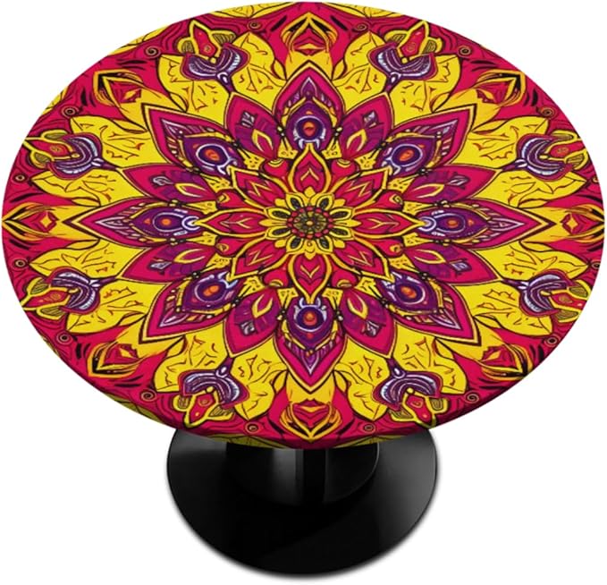 Floral Mandala Vintage Round Table Cloth Cover, Elastic Edge Waterproof Wipeable Tablecloths 36"-42" Polyester Tablecloth for Party Restaurant Banquet Holiday Camping Outdoor Picnic