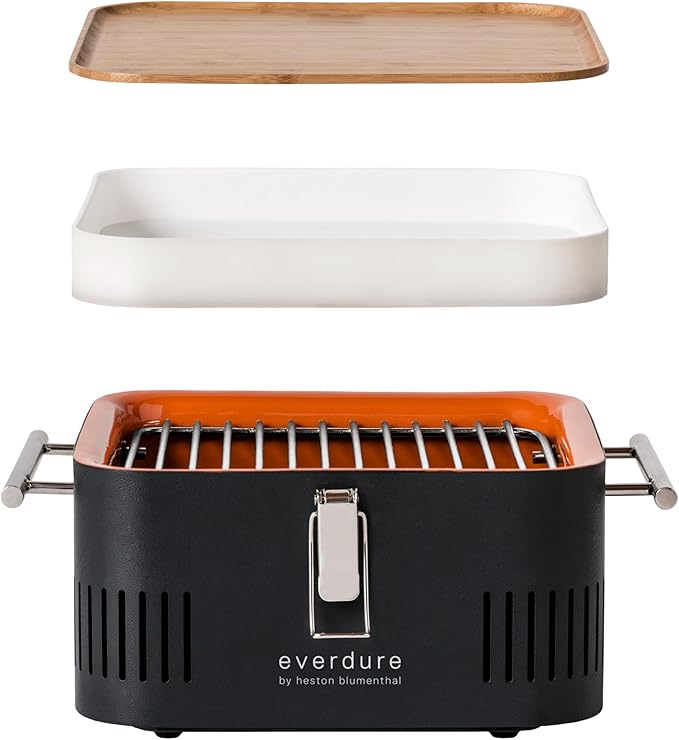 Everdure CUBE Portable Charcoal Grill, Tabletop BBQ, Perfect Tailgate, Beach, Patio, or Camping Grill, Lightweight & Compact Small Grill with Preparation Board & Food Storage Tray, Graphite