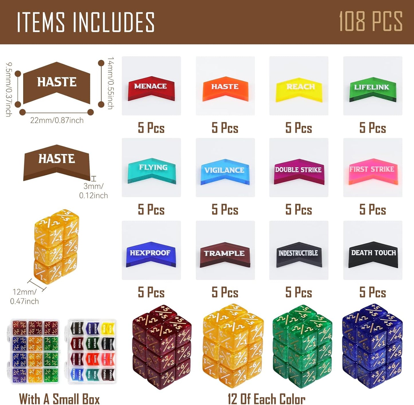 108PCS MTG Tokens & 12mm MTG Dice Set for Magic Card, Keyword Token Life Counters Dice with Box, Compatible with Magic CCG Card Gaming Accessories