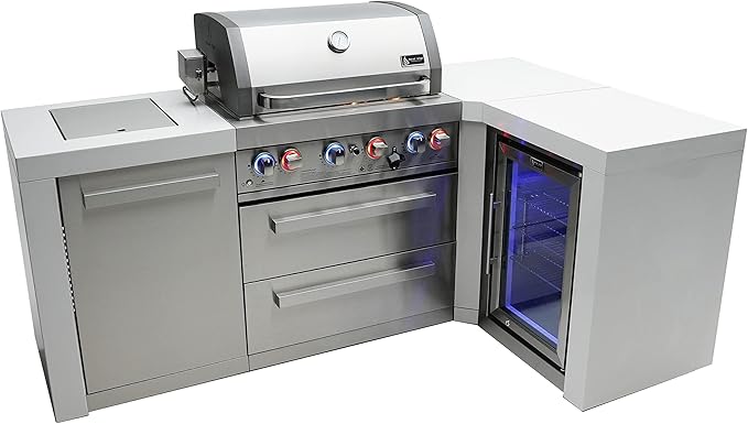 Mont Alpi MAi400-D90FC 32-Inch 4-Burner 78000 BTU 90 Degree Corner Stainless Steel Gas Outdoor Kitchen Barbecue Island Grill + Infrared Side Burner + Wine Cooler Beverage Center Compact Refrigerator