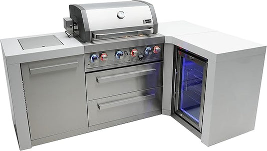 Mont Alpi MAi400-D90FC 32-Inch 4-Burner 78000 BTU 90 Degree Corner Stainless Steel Gas Outdoor Kitchen Barbecue Island Grill + Infrared Side Burner + Wine Cooler Beverage Center Compact Refrigerator