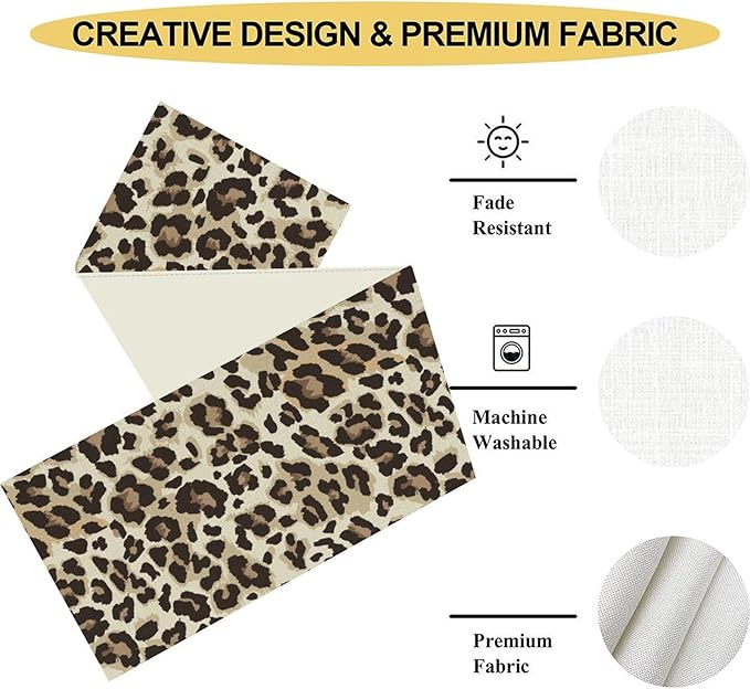Leopard Print Table Runner, Animal Fur Print Western Style Table Runner Country Farmhouse Cottage Cow Pattern Linen Table Decoration for Home Kitchen Dining 13x36