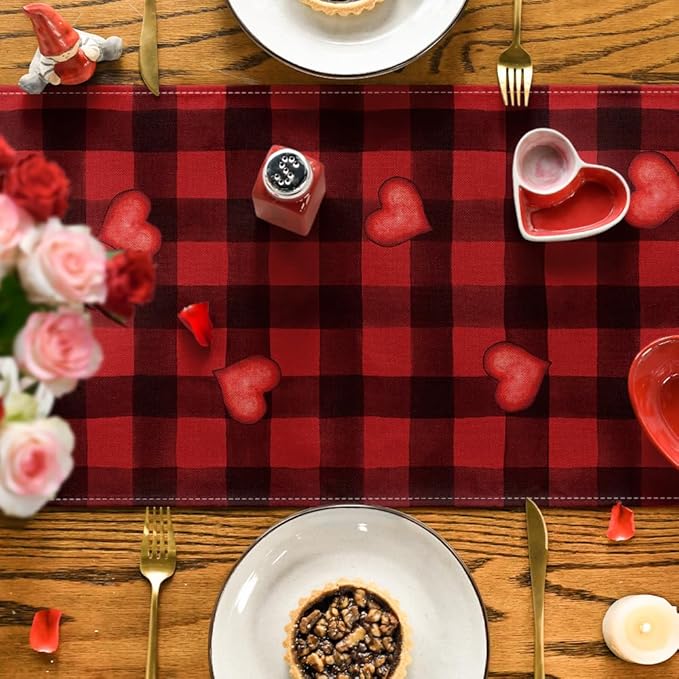 Artoid Mode Red Black Buffalo Plaid Heart Gnomes Love Valentine's Table Runner, Kitchen Dining Table Decoration for Home Party Decor 13x72 Inch