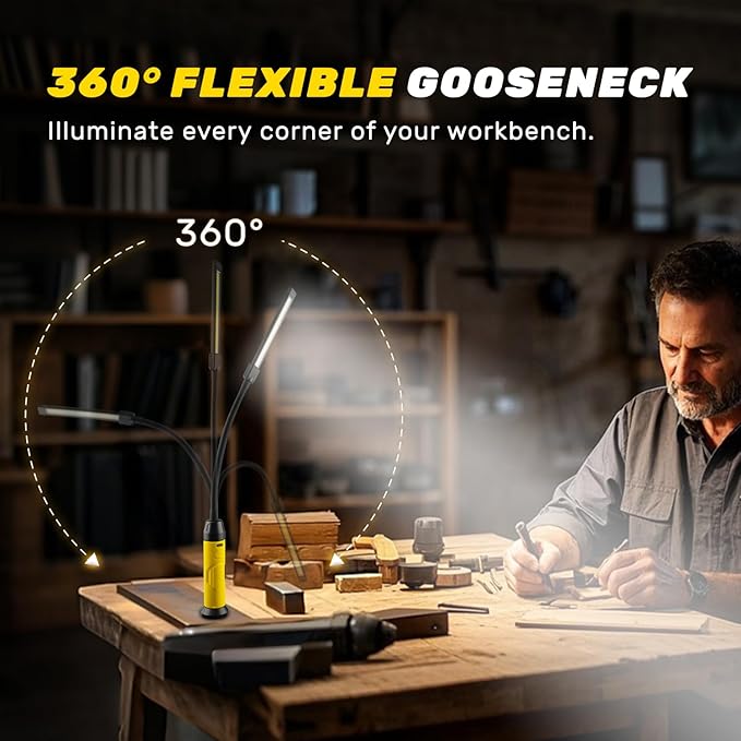 Rechargeable LED Work Light with Flexible Gooseneck, Up to 1000 Lumens 3 Modes Magnetic Work Light, Mechanic Light with Magnetic Base for Work Bench, Lathe, Car Repair, Grill Light, Emergency
