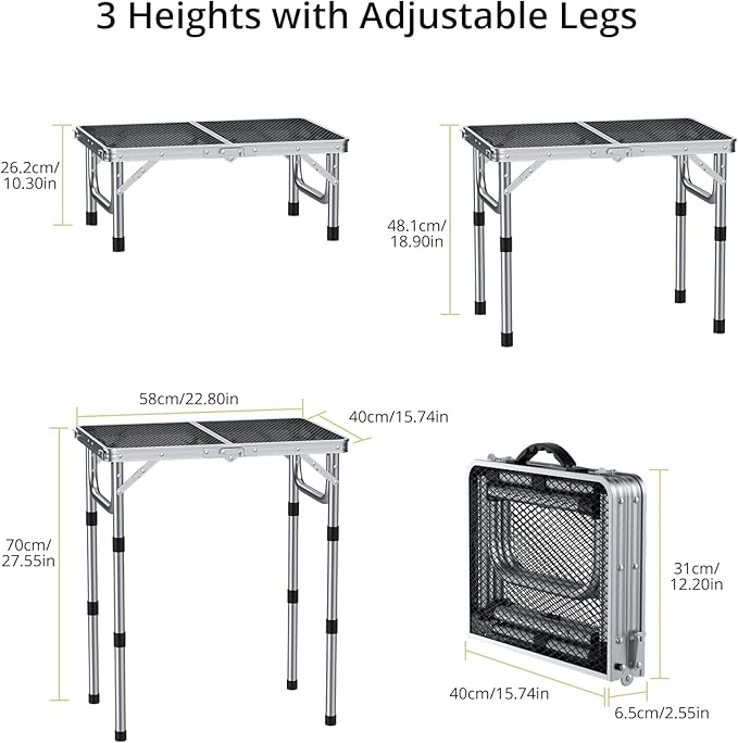 Anbte 2ft Folding Grill Table, Adjustable Height Max 27.5" Aluminum Camping Table, Heat-Resistant Tabletop, Lightweight, Portable Handle for Travel Cooking BBQ Picnic, 22.8" x 16", Silver