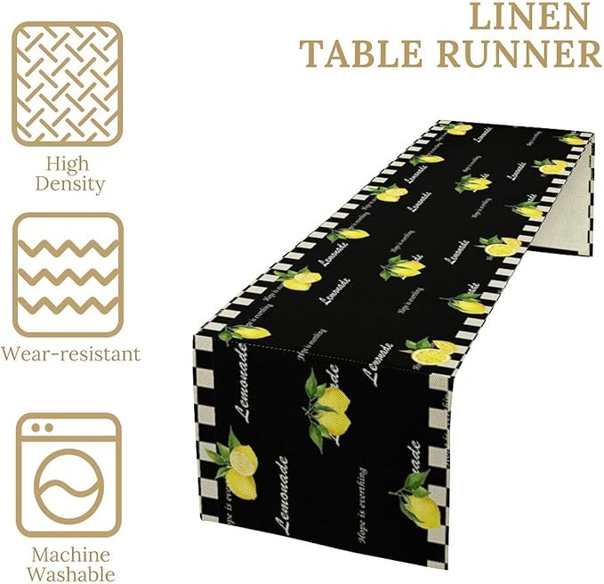Lemon Table Runner,White Black Buffalo Plaid Watercolor Summer Fruit Print Table Runner for Kitchen Dining Table Indoor Outdoor Home Party Decor 13x90in