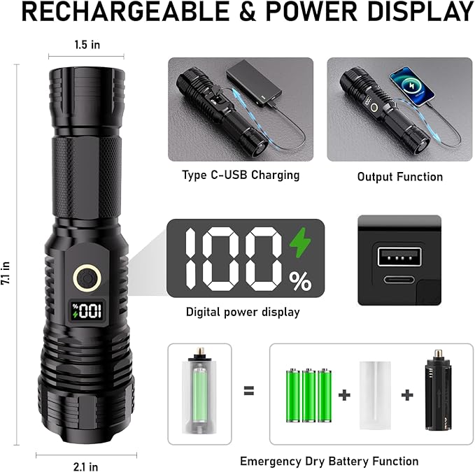 Flashlights High Lumens Rechargeable, 10000LM LED Super Bright Flash Light, Zoomable Linternas with LCD Digital Display, 5 Mode, Waterproof, Powerful Tactical Flashlight for Emergencies Camping Gift