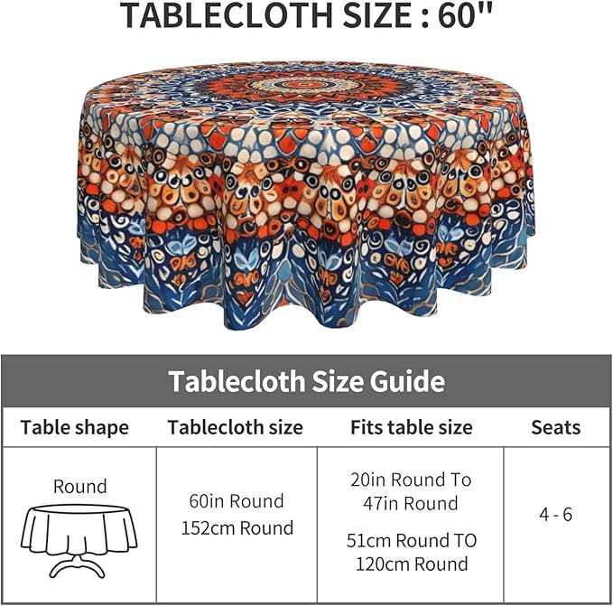 Bohemian Round Tablecloth Colorful Boho Bohemian Tablecloth 60 Inch Waterproof Rustic Table Cloth Fabric Farmhouse Stripe Decorative for Picnic Party Holiday Home Indoor Outdoor