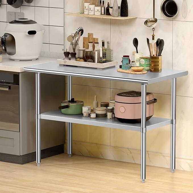 Stainless Steel Table for Prep & Work, 30x48 Inches, NSF Metal Commercial Heavy Duty Table with Adjustable Under Shelf and Foot for Restaurant, Home and Hotel