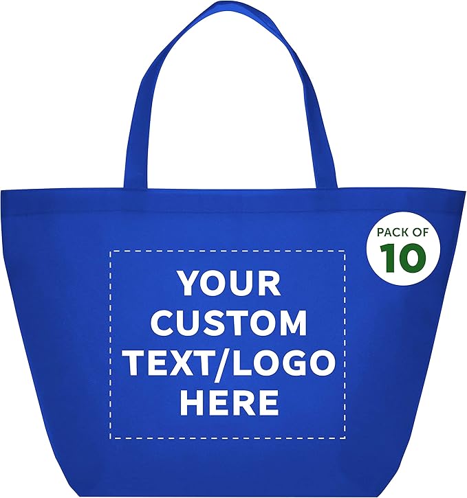 DISCOUNT PROMOS Custom Southern Style Grocery Tote Bags Set of 10 - Personalized Bulk Pack, Reusable Grocery & Shopping Bags - Great for Travel, Carry on Bag, Business Promotions - Blue - 20"X13"X8"