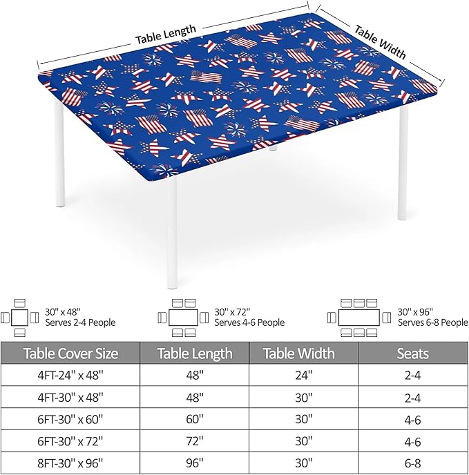Rectangle Table Cloth Cover Waterproof Elastic Fitted Polyester Fitted Tablecloths for 6 Foot Tables for Indoor,Picnic, Camping, Outdoor （72" x 30"，American Flag）