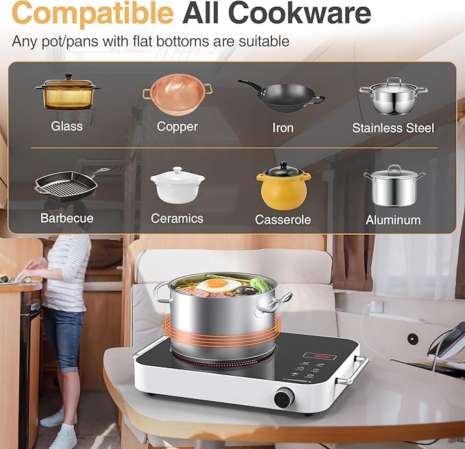 Single Burner Electric Cooktop,1800W 110V Electric Stove Top with Knob Control, Portable Cooktop with 2 Handle,single burner electric stove with Double Ring Heating, 4 hours Timer