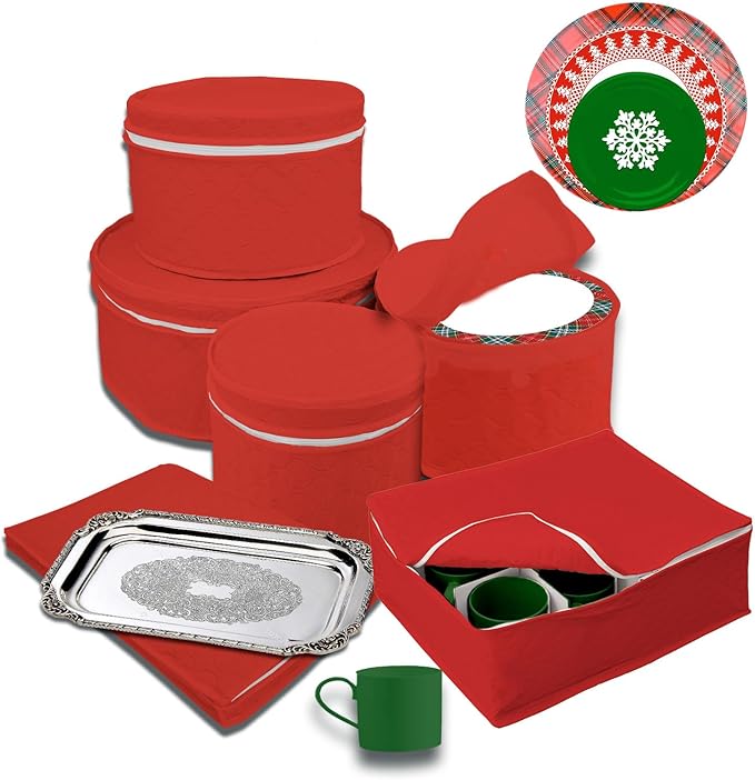 LAMINET 6 Piece Quilted Dinnerware Storage Starter Set - Includes 4 Plate Cases, 1 Cup Case & Platter Case - RED