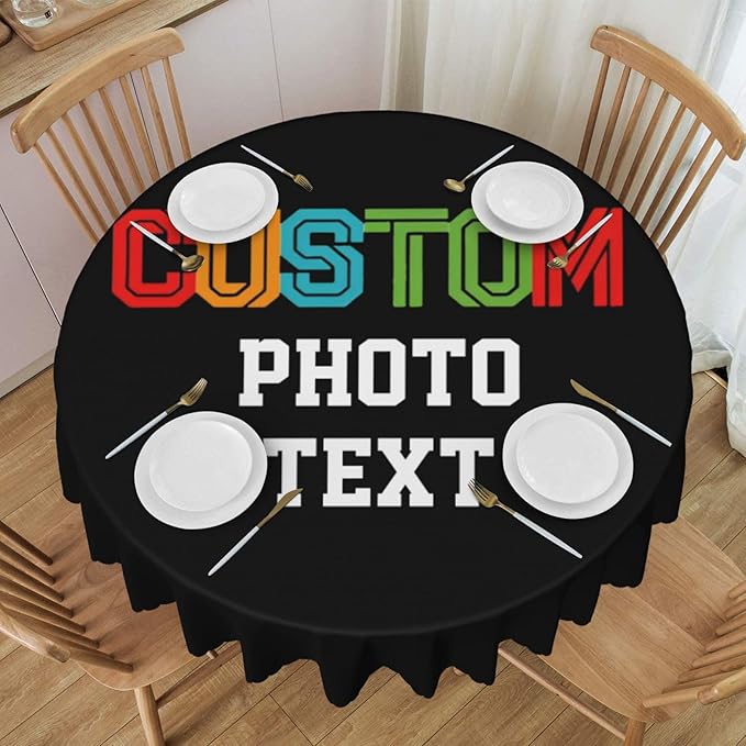 Custom Round Table Cloth, Design Your Logo Text Photo, Personalized Oil Proof Wipeable Table Cover for Restaurant, Dinner, Family Holiday Party, Picnic, Fits Tables up to 20in to 47in Diameter