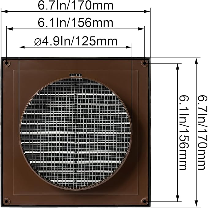 Black 5'' Inch Ventilation Grille - Inside/Outside use - (Flange 4.9''Ø/Cover 6.7''x6.7'') - Air Vent Louver - Exhaust Hood - Available 3 Sizes / 4 Colors.