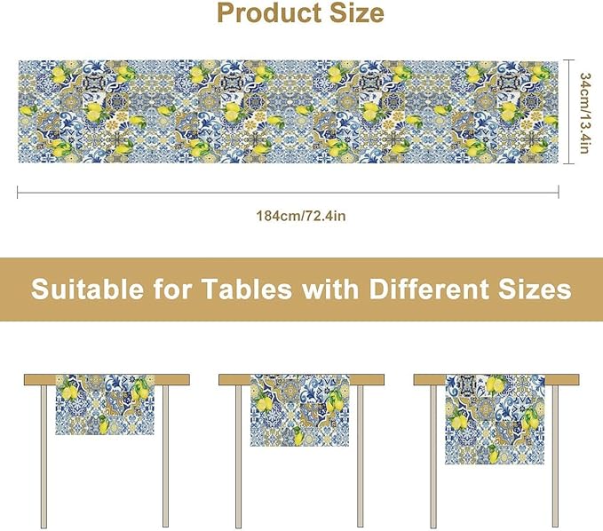 Farmhouse Rustic Lemon Table Runner,Vintage Morocco Blue Tiles Mediterranean Summer Fruit Print Table Runner for Kitchen Dining Table Home Party Decor 13x108in