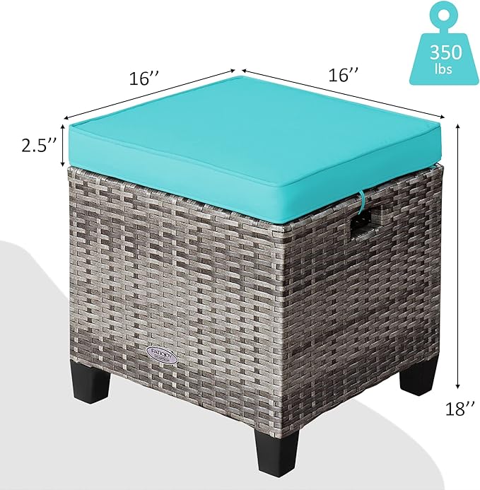 Tangkula 2 Pieces Patio Rattan Ottomans, Outdoor Wicker Footstool Footrest Seat with Soft Cushions and Steel Frame, All-Weather Patio Ottoman Set for Backyard Garden Poolside