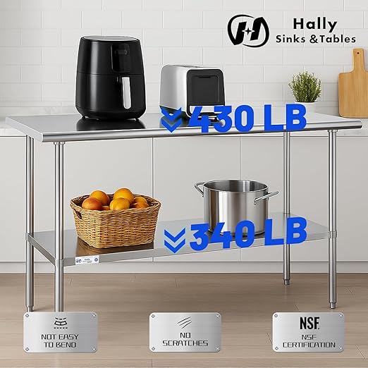 Hally Stainless Steel Table for Prep & Work 18 x 72 Inches, NSF Commercial Heavy Duty Table with Undershelf and Galvanized Legs for Restaurant, Home and Hotel