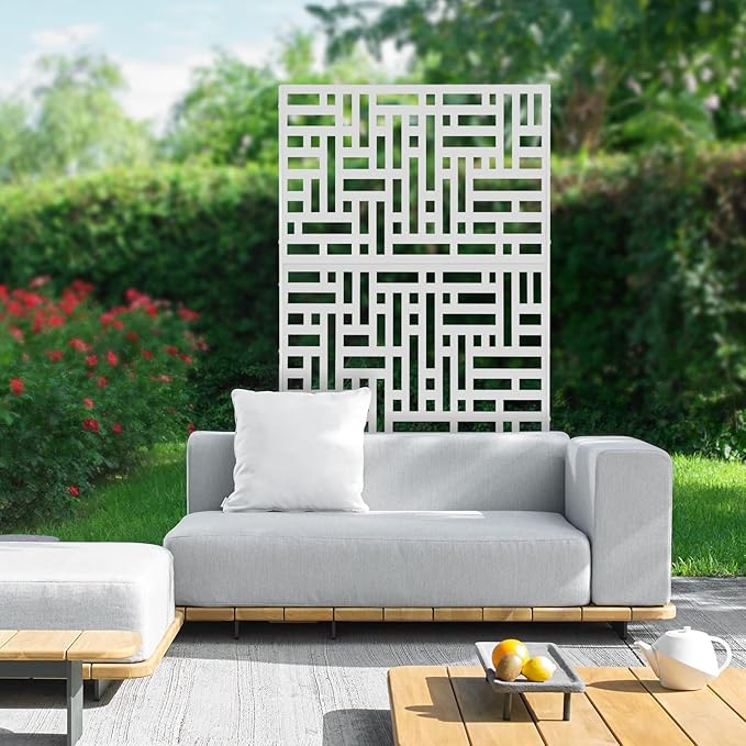 Outdoor Metal Privacy Screen with Stand, 35.4" W x 75" H Freestanding Metal Slatted Decorative Privacy Screen and Panels for Patio Garden Balcony Porch (White A)