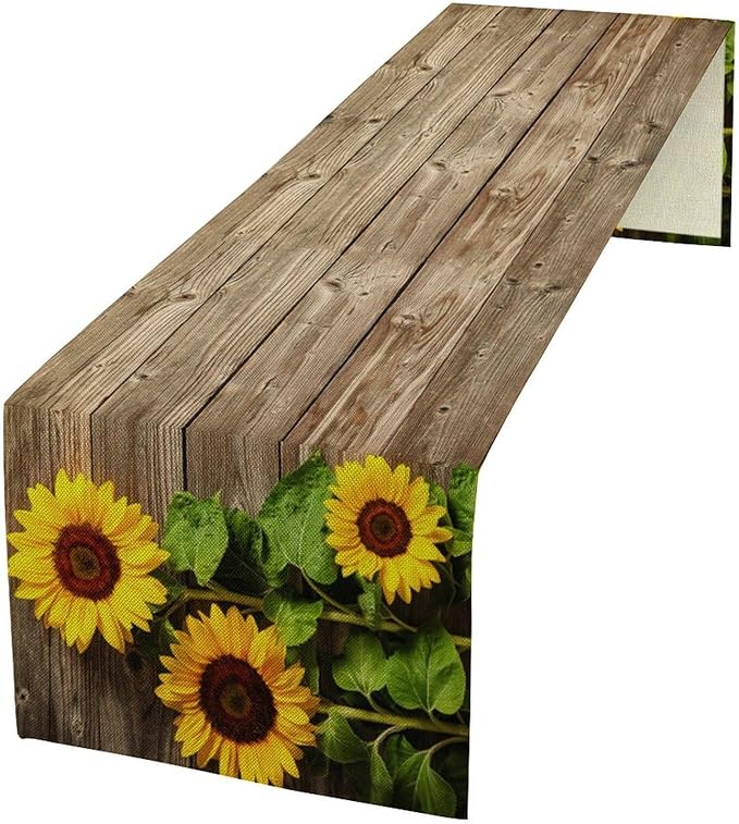 Sunflower Floral Table Runner, Country Farmhouse Vintage Spring Flower Rustic Wooden Plank Kitchen Dining Table Decoration for Indoor Outdoor Home Party Decor, 13x36inch